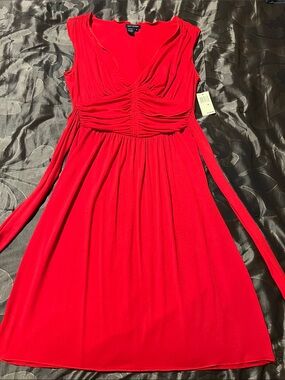 NWT Max Edition Red Deep V-Neck Ruched Empire Midi Dress Back Tie Belt Medium